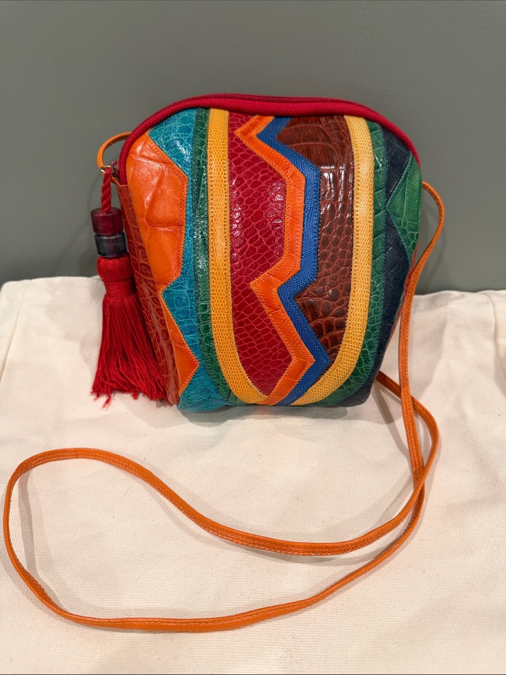 Sharif Multicolor Croc-Embossed Leather Crossbody with Tassel